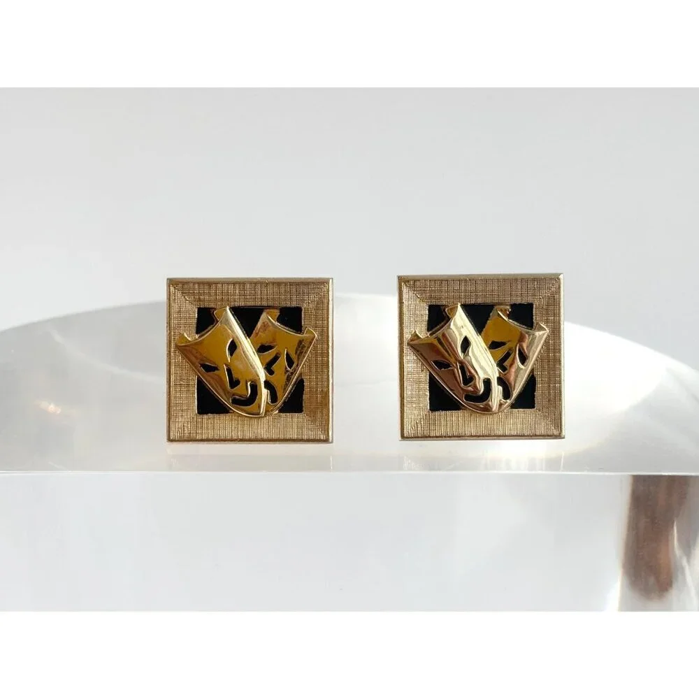 Swank Theater Mask Designed Comedy + Tragedy Gold Toned Square Vintage Enclosure